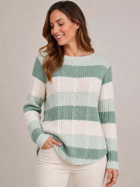 JEANNE PIERRE Sweaters - Jeanne Pierre Mint Green White Striped Cable Knit Sweater Women’s 100% Cotton